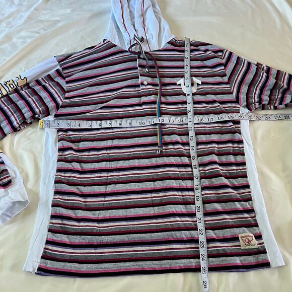 True Religion Buddha Logo Multi Color Stripe Hooded Shirt Sz L - Picture 7 of 10